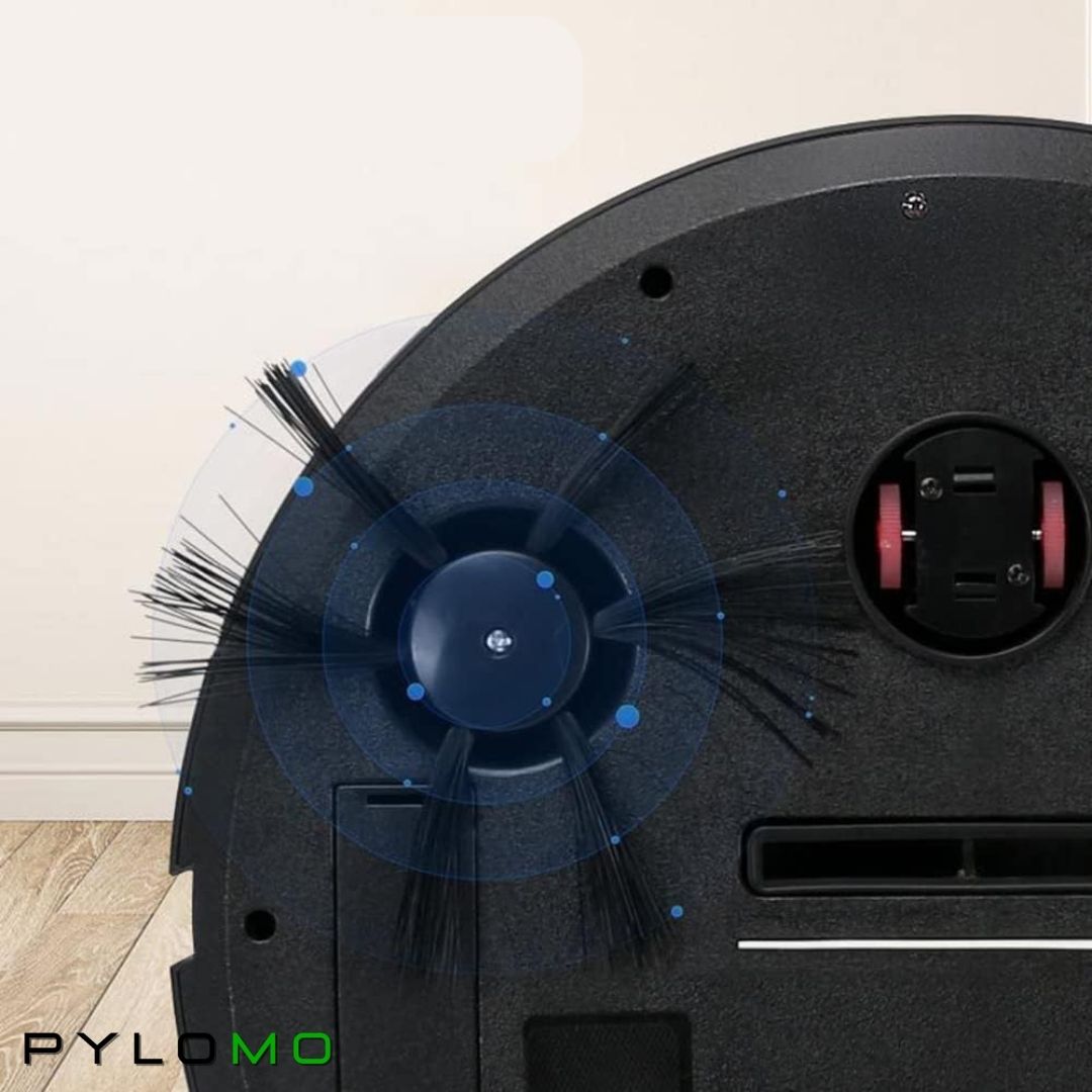 Vacuum cleaner robot with HEPA filter, designed for automatic cleaning on wood, tile, and carpet surfaces; features a compact design for easy maneuverability 3