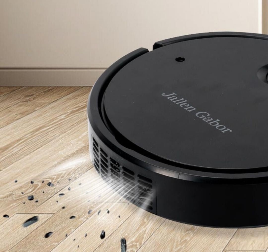 Vacuum cleaner robot with HEPA filter, designed for automatic cleaning on wood, tile, and carpet surfaces; features a compact design for easy maneuverability 1