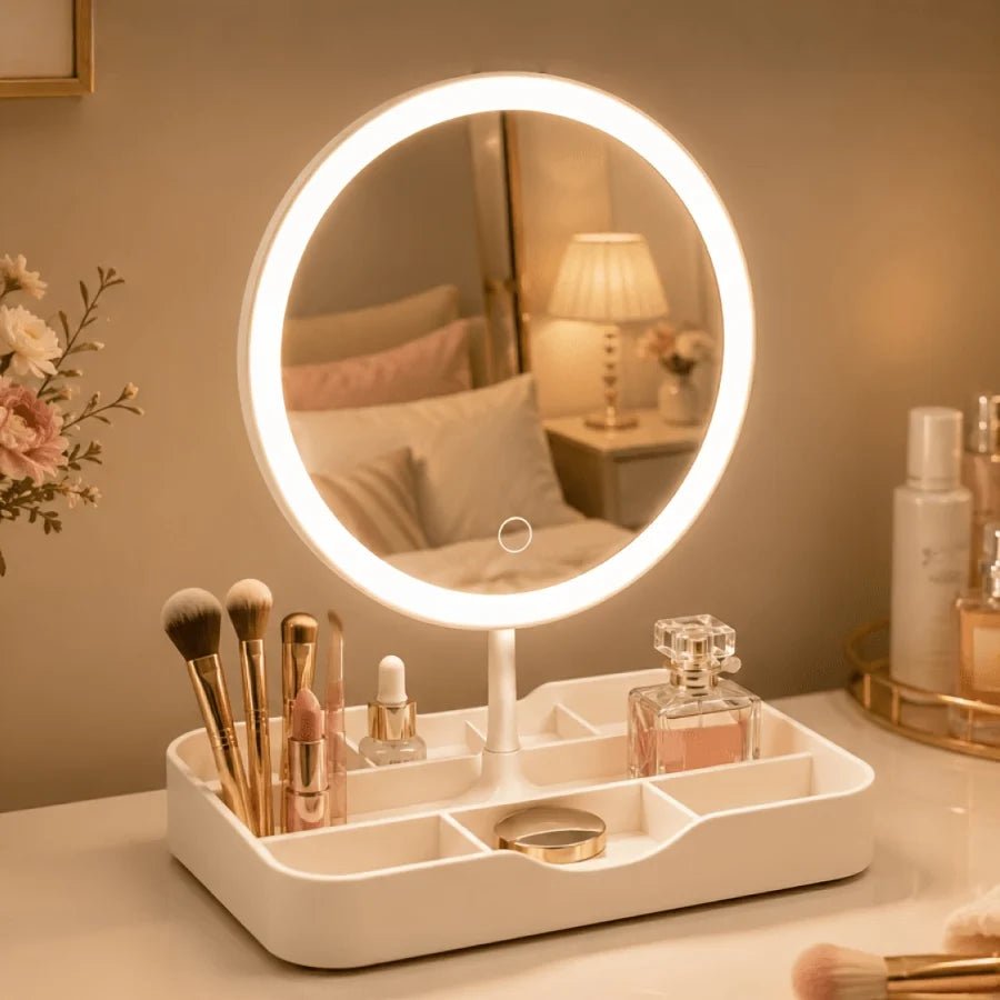 Vanity makeup mirror with adjustable dimmable LED lights and a stylish organizer base in white and pink, perfect for beauty routines and enhancing makeup application. 0