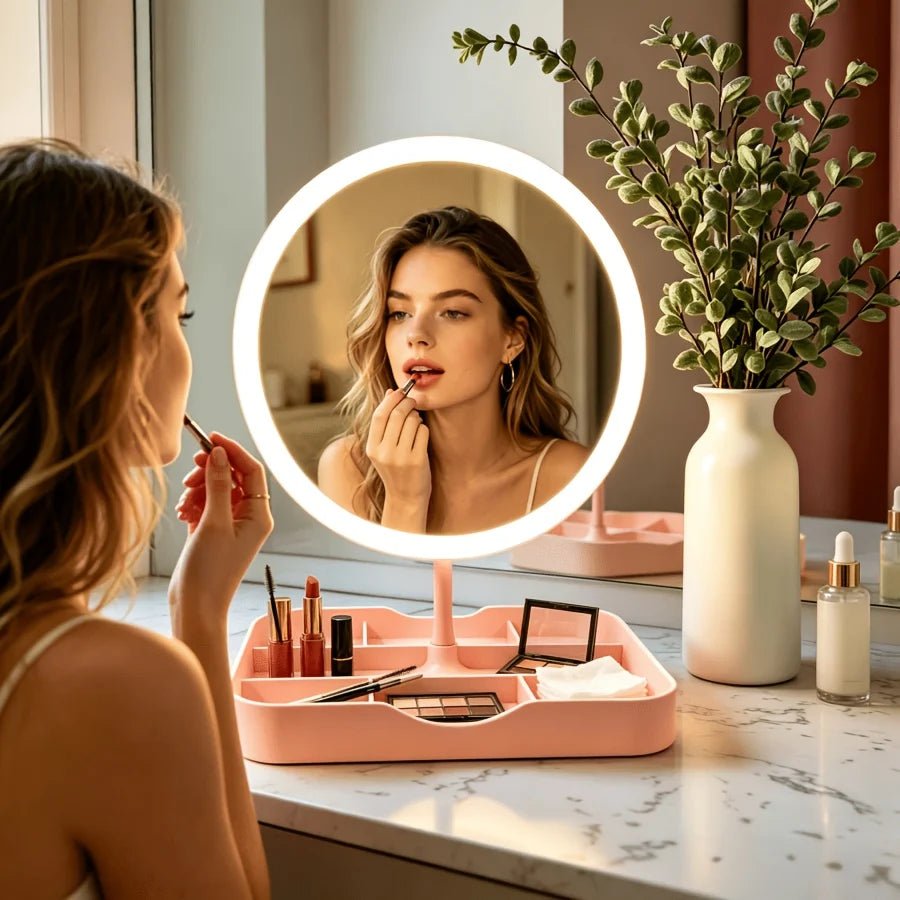 Vanity makeup mirror with adjustable dimmable LED lights and a stylish organizer base in white and pink, perfect for beauty routines and enhancing makeup application. 1
