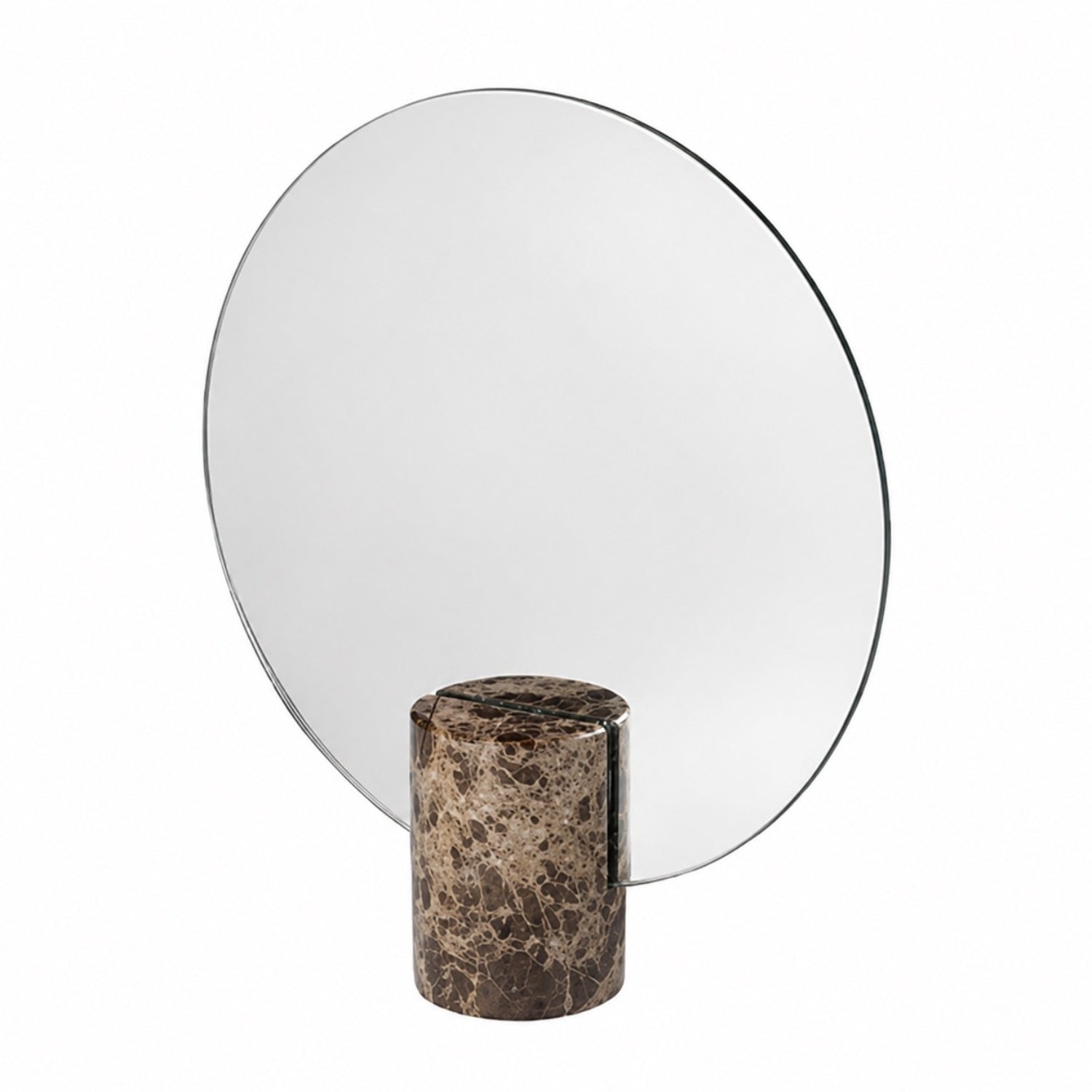 Vanity mirror with a frameless design and natural marble base, showcasing an elegant freestanding accent for modern home decor. 0
