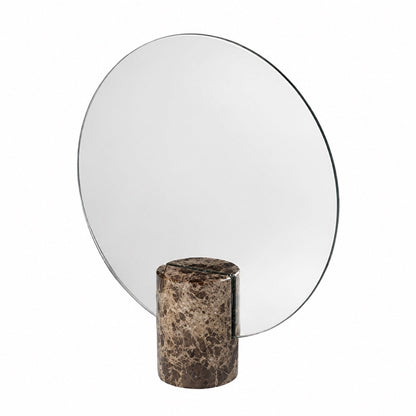 Vanity mirror with a frameless design and natural marble base, showcasing an elegant freestanding accent for modern home decor. 0