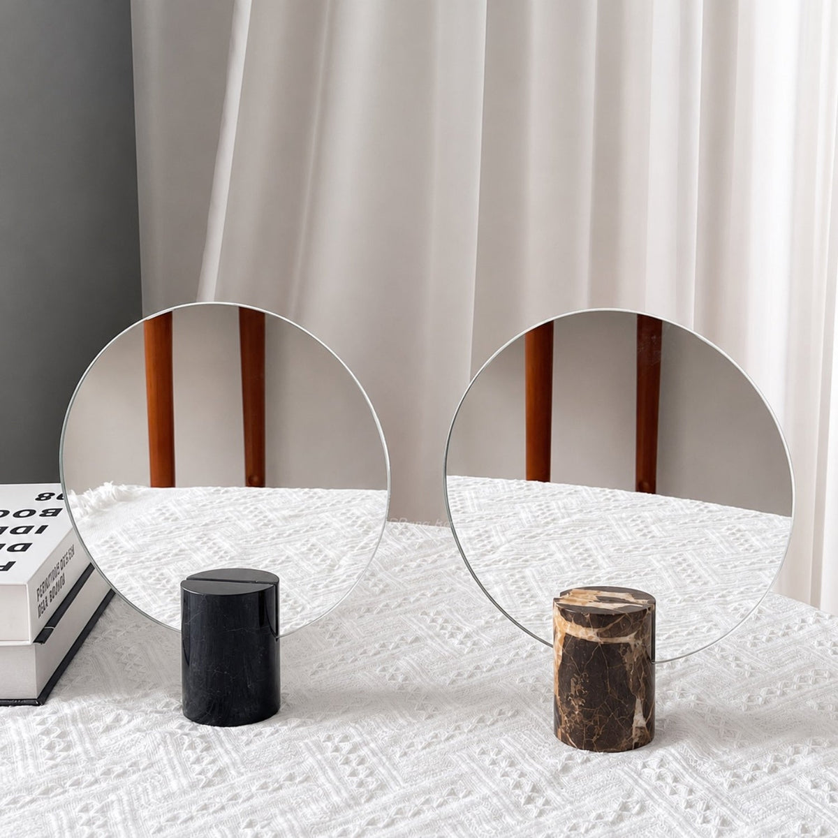 Vanity mirror with a frameless design and natural marble base, showcasing an elegant freestanding accent for modern home decor. 5