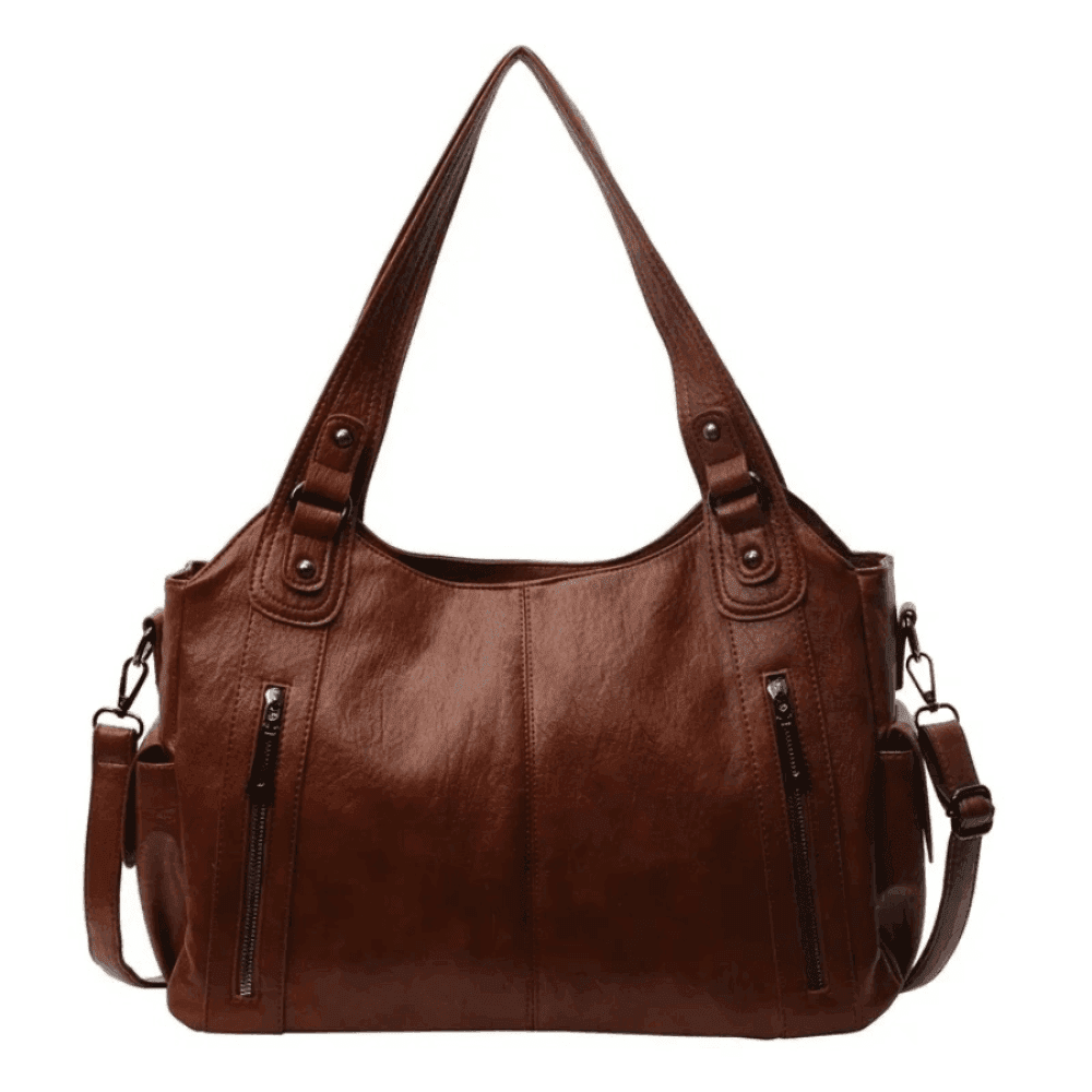 Vegan leather shoulder bag for women featuring a spacious interior and elegant metal accents, perfect for stylish and versatile everyday use. 0