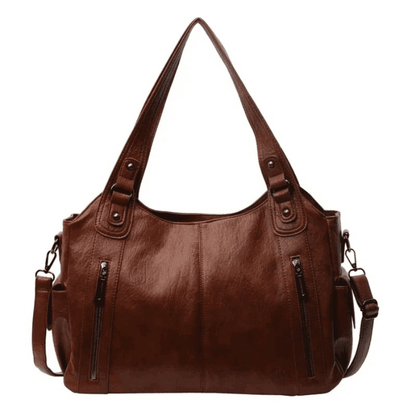 Vegan leather shoulder bag for women featuring a spacious interior and elegant metal accents, perfect for stylish and versatile everyday use. 0