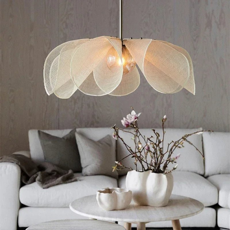Vintage hanging lamp featuring an adjustable length fabric shade, designed for warm LED kitchen pendant lighting, adding elegance and charm to home decor. 0