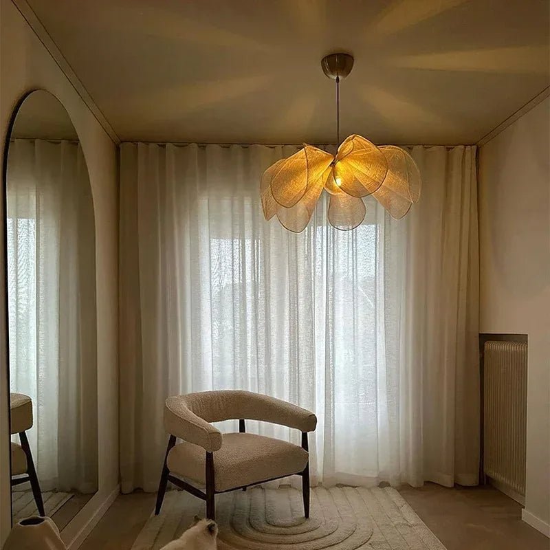 Vintage hanging lamp featuring an adjustable length fabric shade, designed for warm LED kitchen pendant lighting, adding elegance and charm to home decor. 2