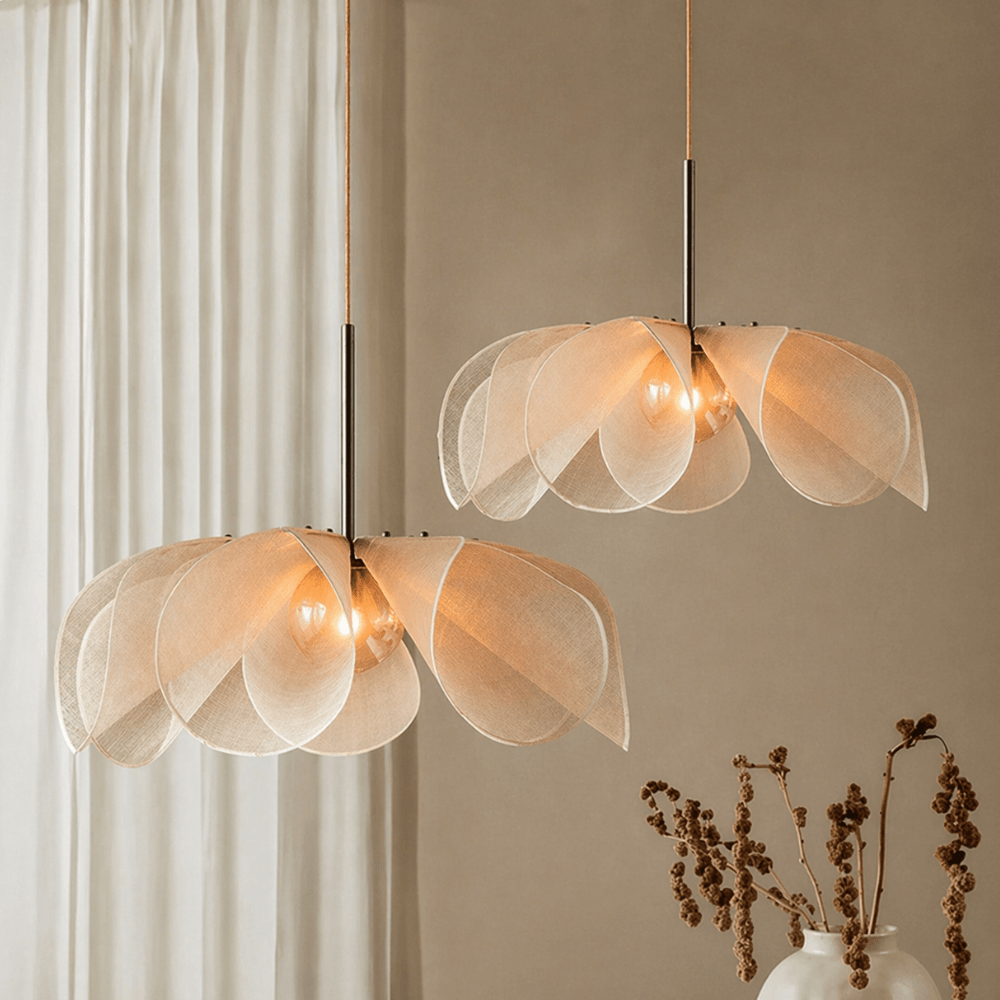 Vintage hanging lamp featuring an adjustable length fabric shade, designed for warm LED kitchen pendant lighting, adding elegance and charm to home decor. 1
