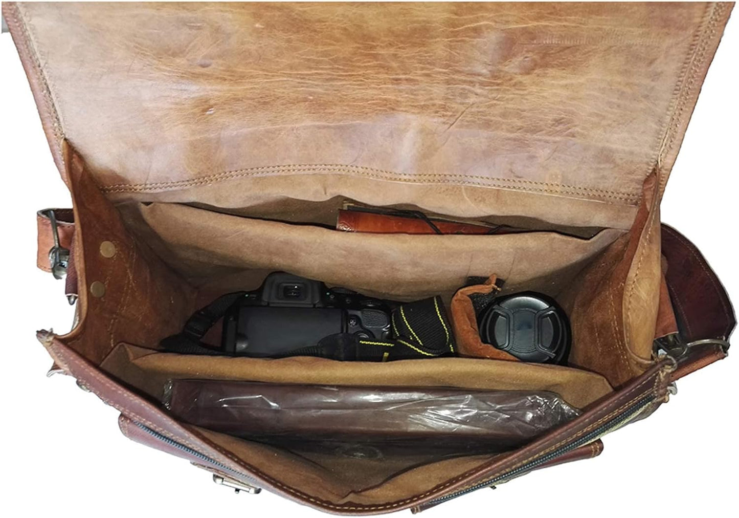 Vintage Leather Camera Bag with Adjustable Dividers and Multiple Pockets - Crossbody Design in Durable Goatskin 4