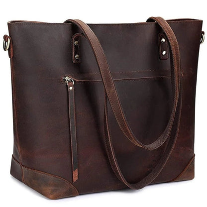 Vintage leather crossbody tote bag with adjustable strap, featuring a spacious design ideal for everyday use as a stylish shoulder bag. 0