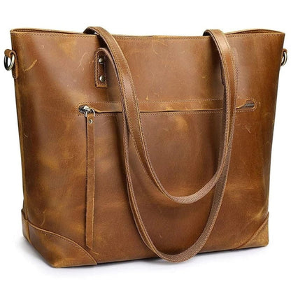 Vintage leather crossbody tote bag with adjustable strap, featuring a spacious design ideal for everyday use as a stylish shoulder bag. 2