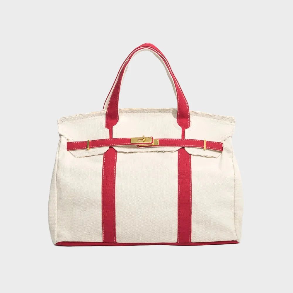 Vintage linen canvas tote bag featuring reinforced handles and a secure snap closure, perfect for stylish and eco-friendly shopping or daily use. 3