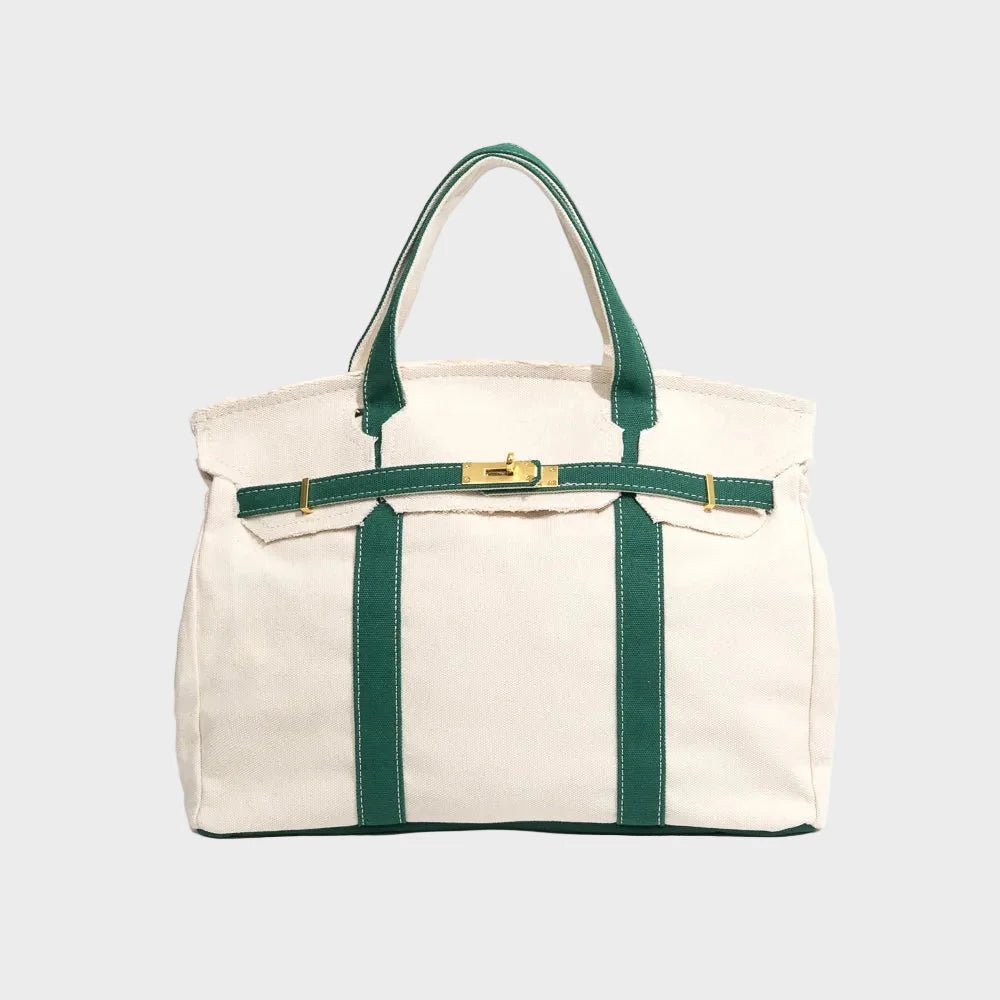 Vintage linen canvas tote bag featuring reinforced handles and a secure snap closure, perfect for stylish and eco-friendly shopping or daily use. 1