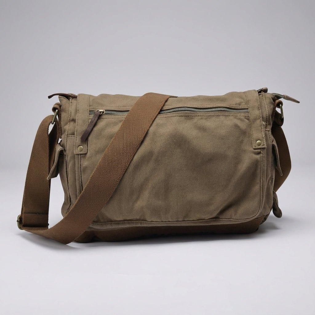 Vintage messenger bag made of heavy canvas featuring a spacious design and secure closure, ideal for men seeking style and functionality. 0