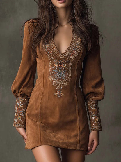 Vintage mini dress featuring an artistic boho style, crafted from soft and breathable fabric, perfect for casual outings and summer festivities. 0