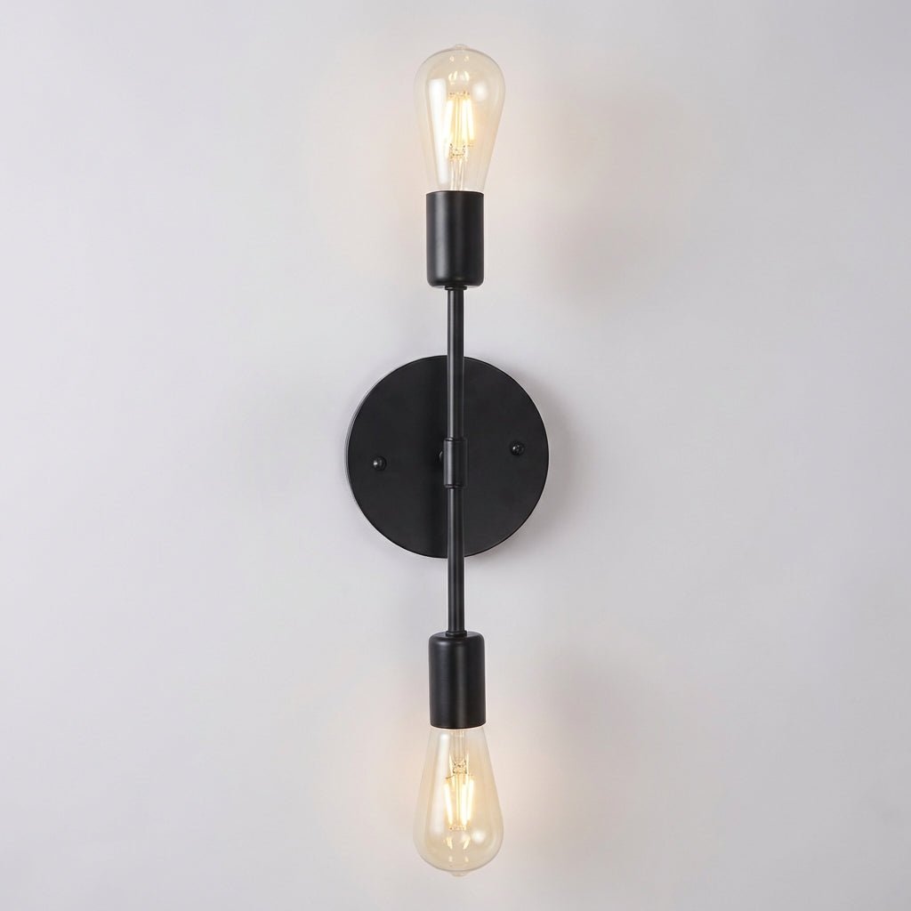 Vintage wall lamp featuring dual light sources, designed for mirrors and hallways, emitting soft warm light with a sleek vertical design. 2