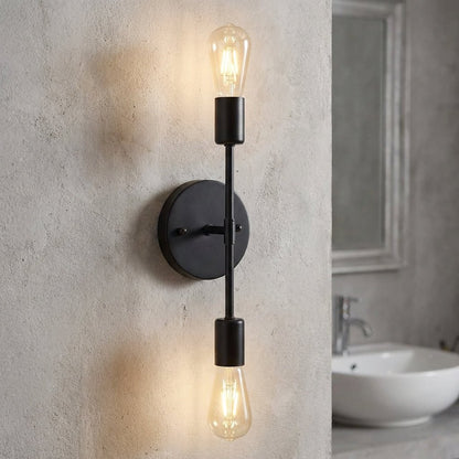 Vintage wall lamp featuring dual light sources, designed for mirrors and hallways, emitting soft warm light with a sleek vertical design. 1