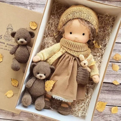 Waldorf-style cotton cuddly toy in a fabric box, featuring a soft plush doll designed for creative play and imaginative adventures. 13