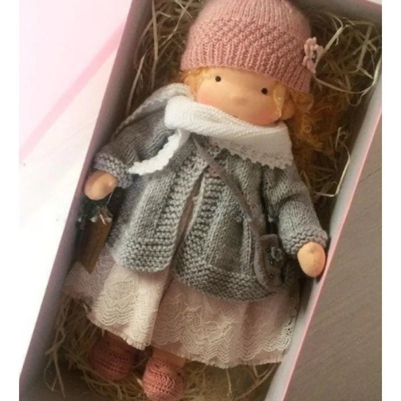 Waldorf-style cotton cuddly toy in a fabric box, featuring a soft plush doll designed for creative play and imaginative adventures. 28