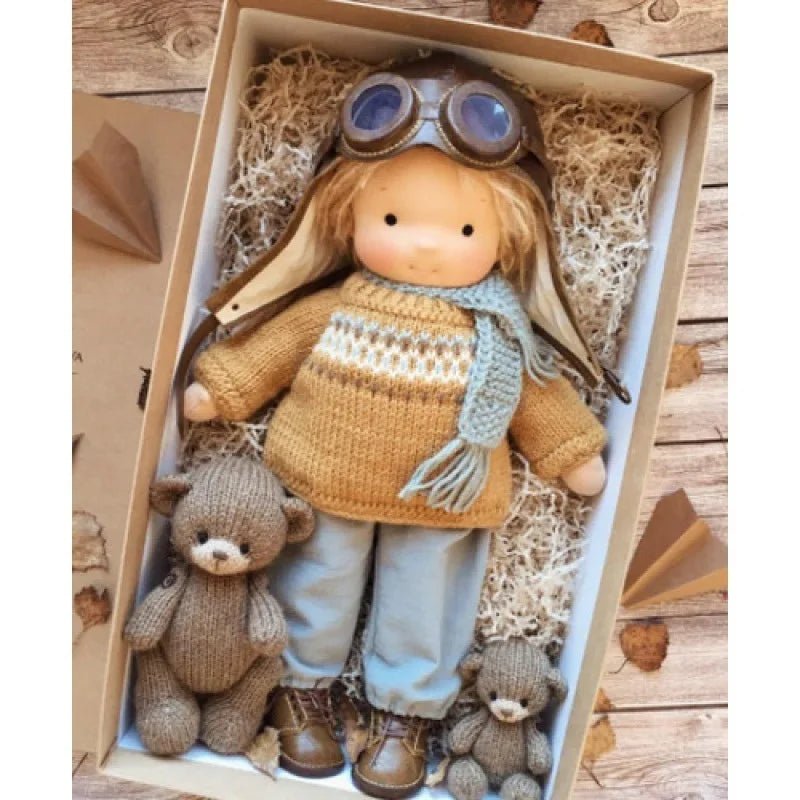 Waldorf-style cotton cuddly toy in a fabric box, featuring a soft plush doll designed for creative play and imaginative adventures. 21