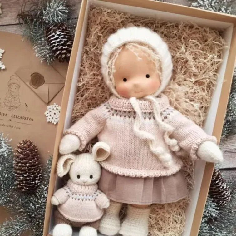 Waldorf-style cotton cuddly toy in a fabric box, featuring a soft plush doll designed for creative play and imaginative adventures. 29