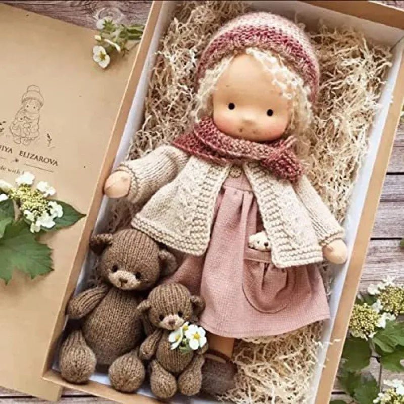 Waldorf-style cotton cuddly toy in a fabric box, featuring a soft plush doll designed for creative play and imaginative adventures. 9
