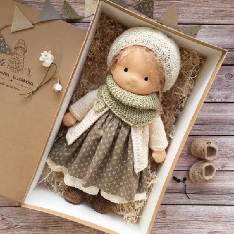 Waldorf style cotton doll featuring kawaii accents, designed for imaginative play, measuring 11cm x 32cm, soft plush toy ideal for 13