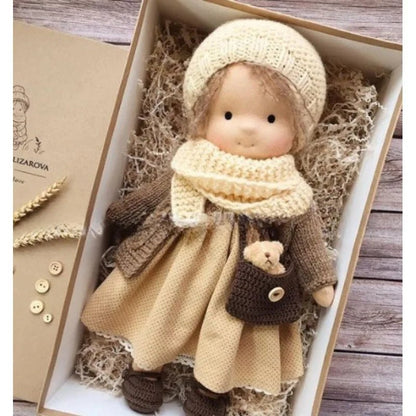 Waldorf style cotton doll featuring kawaii accents, designed for imaginative play, measuring 11cm x 32cm, soft plush toy ideal for 18