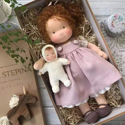 Waldorf style cotton doll featuring kawaii accents, designed for imaginative play, measuring 11cm x 32cm, soft plush toy ideal for 12