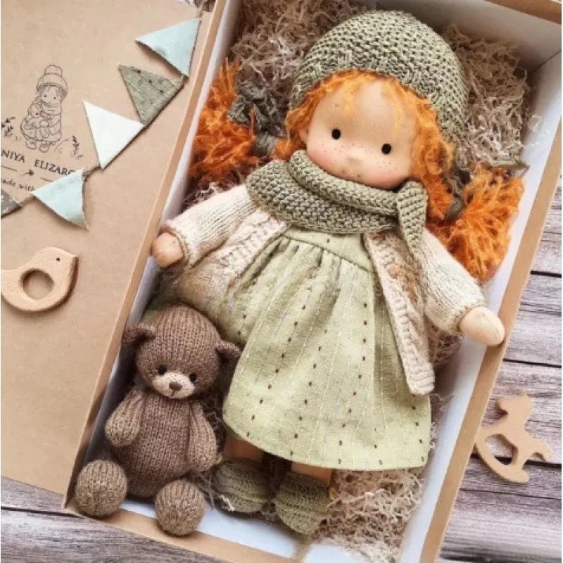 Waldorf style cotton doll featuring kawaii accents, designed for imaginative play, measuring 11cm x 32cm, soft plush toy ideal for 24