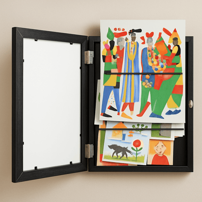 Modern wall-mounted display frame for kids' drawings featuring integrated storage, perfect for showcasing and organizing children's artwork. 0