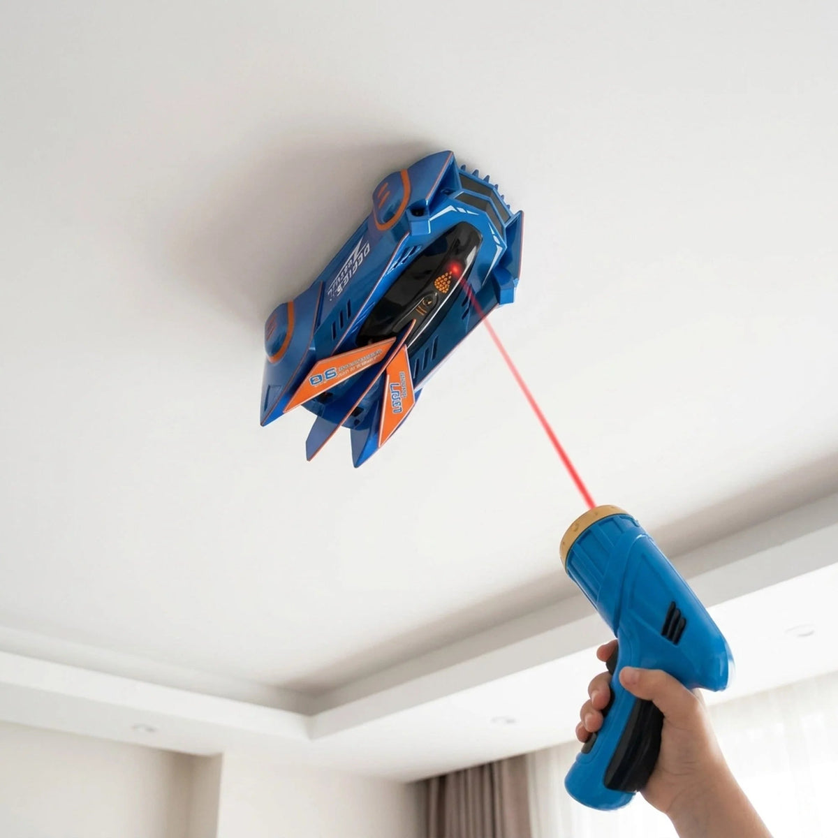 Wall Climbing RC Car featuring laser guidance and USB rechargeable battery, designed for indoor gravity-defying fun, showcasing its unique vertical driving capabilities on a wall 4