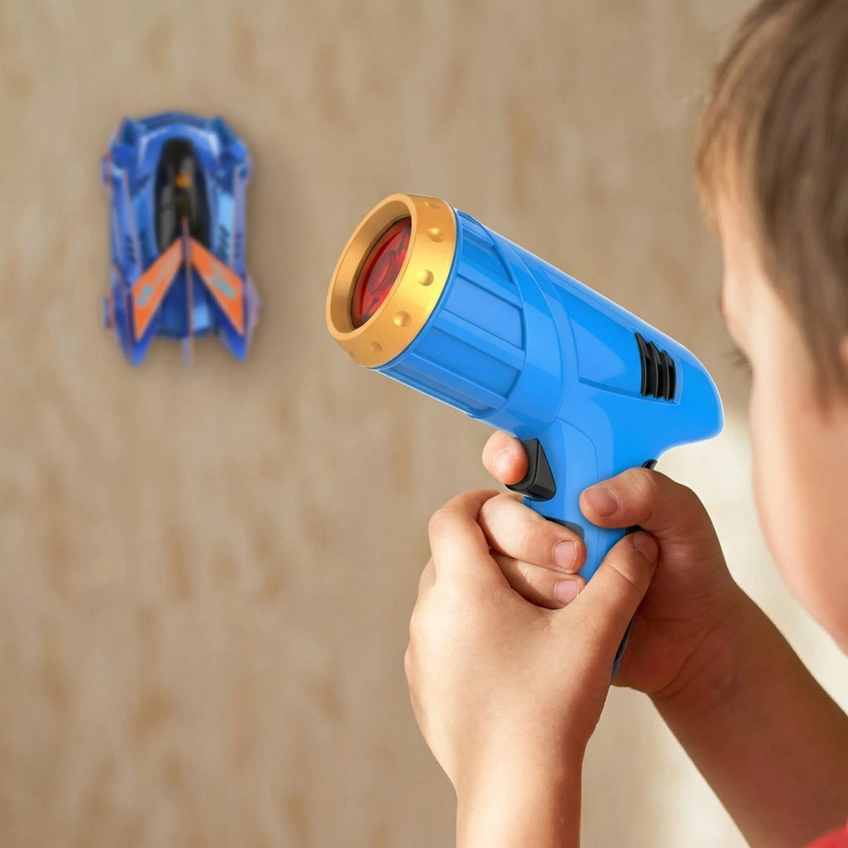Wall Climbing RC Car featuring laser guidance and USB rechargeable battery, designed for indoor gravity-defying fun, showcasing its unique vertical driving capabilities on a wall 6