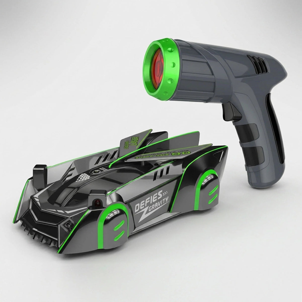 Wall Climbing RC Car featuring laser guidance and USB rechargeable battery, designed for indoor gravity-defying fun, showcasing its unique vertical driving capabilities on a wall 2