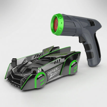 Wall Climbing RC Car featuring laser guidance and USB rechargeable battery, designed for indoor gravity-defying fun, showcasing its unique vertical driving capabilities on a wall 2