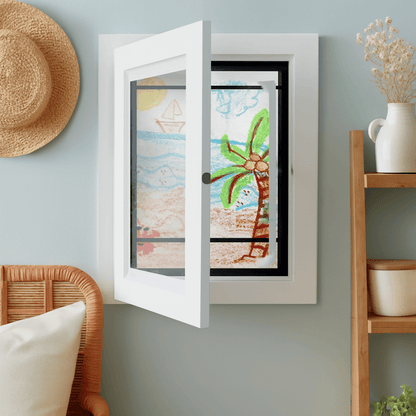 Wall frame with front-opening design for displaying kids' art, featuring modern multi-use storage capacity for up to 150 sheets. 6