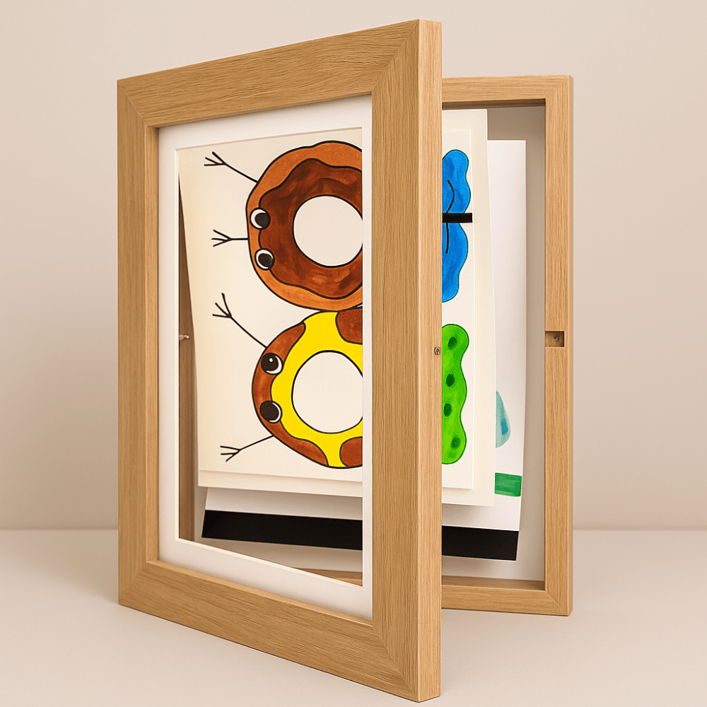 Wall frame with front-opening design for displaying kids' art, featuring modern multi-use storage capacity for up to 150 sheets. 8