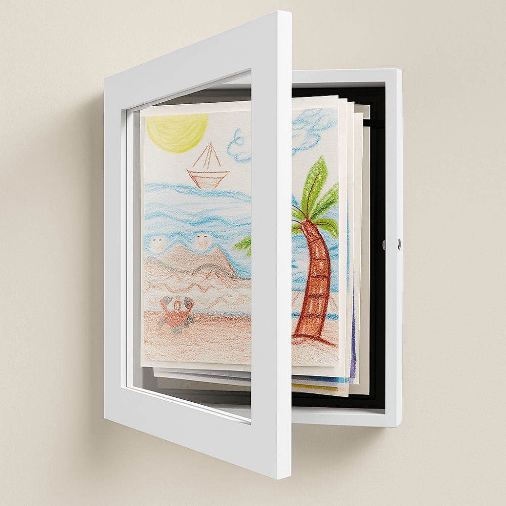 Wall frame with front-opening design for displaying kids' art, featuring modern multi-use storage capacity for up to 150 sheets. 5