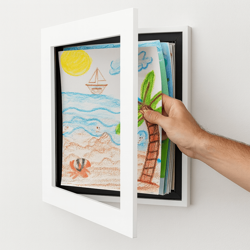 Wall frame with front-opening design for displaying kids' art, featuring modern multi-use storage capacity for up to 150 sheets. 7