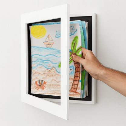 Wall frame with front-opening design for displaying kids' art, featuring modern multi-use storage capacity for up to 150 sheets. 7