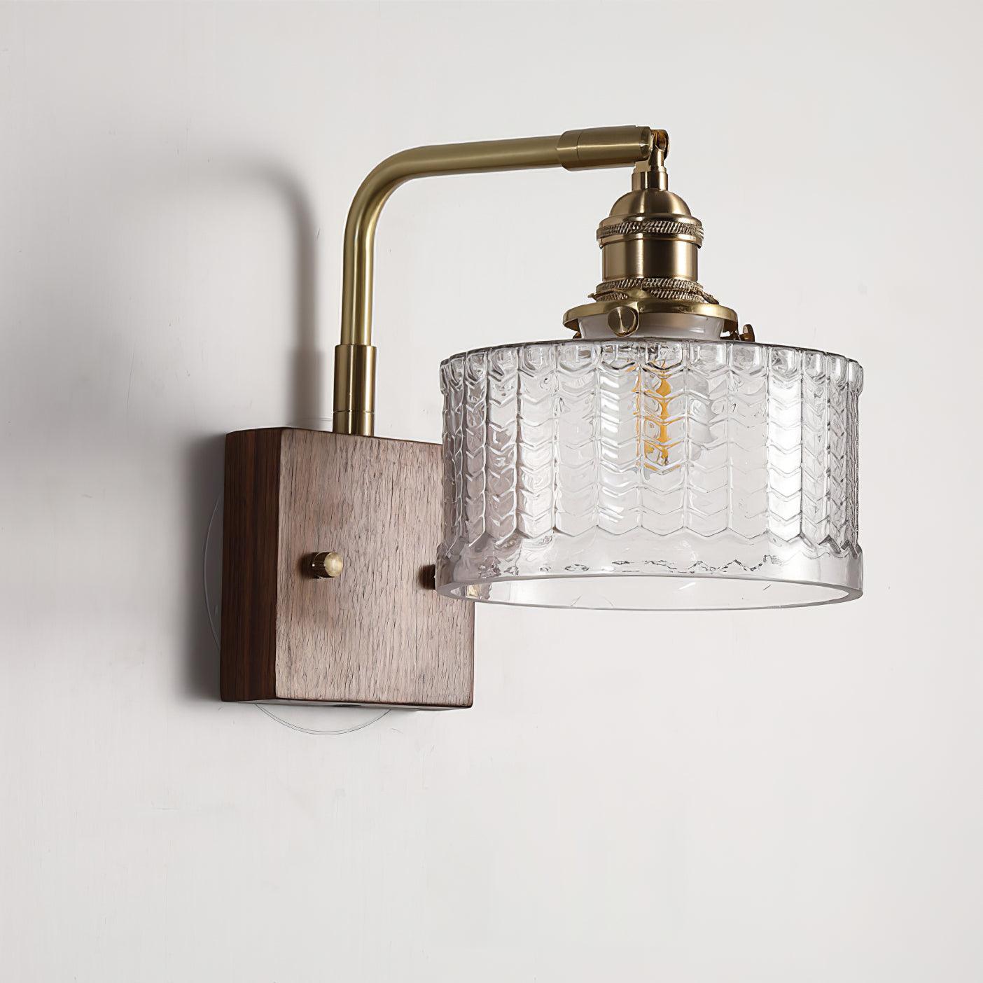 Wall lamp featuring a green motif glass shade and a stylish wooden base, perfect for adding atmospheric lighting to any room. 2