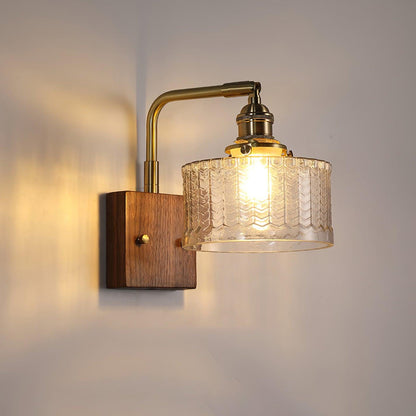 Wall lamp featuring a green motif glass shade and a stylish wooden base, perfect for adding atmospheric lighting to any room. 3