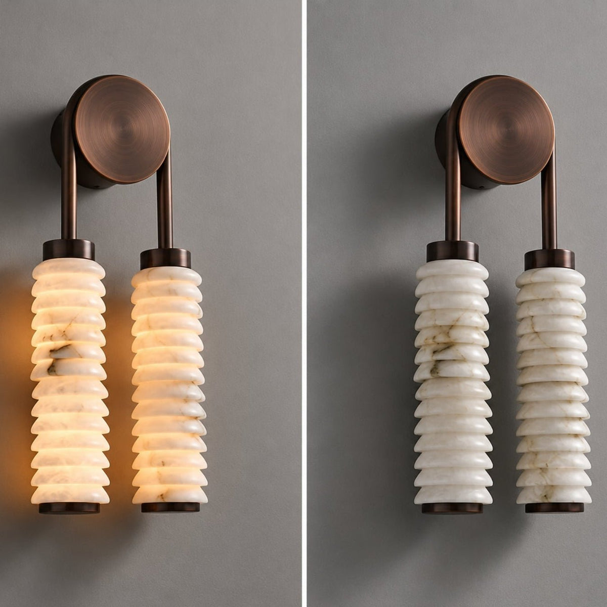 Wall lamp featuring elegant ribbed marble shades and a vintage antique metal frame, designed with a dual-light setup for a stylish and warm ambiance. 7