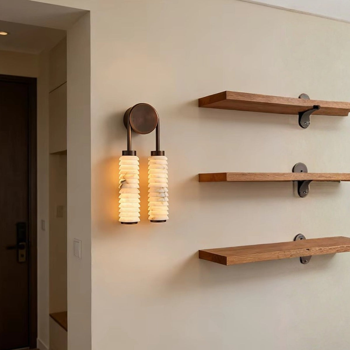 Wall lamp featuring elegant ribbed marble shades and a vintage antique metal frame, designed with a dual-light setup for a stylish and warm ambiance. 2