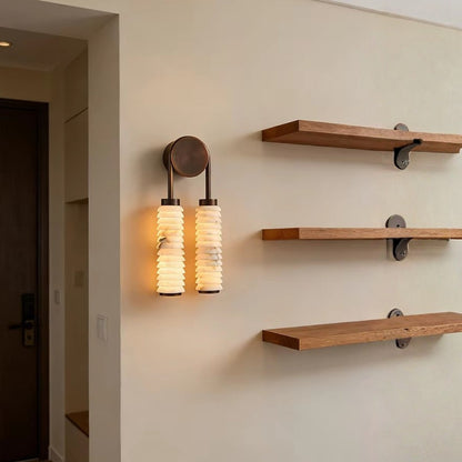 Wall lamp featuring elegant ribbed marble shades and a vintage antique metal frame, designed with a dual-light setup for a stylish and warm ambiance. 2