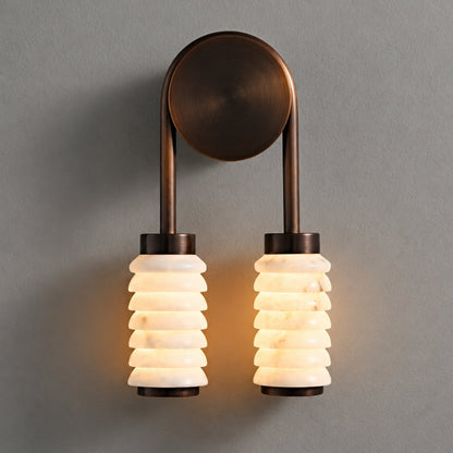 Wall lamp featuring elegant ribbed marble shades and a vintage antique metal frame, designed with a dual-light setup for a stylish and warm ambiance. 0