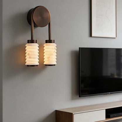 Wall lamp featuring elegant ribbed marble shades and a vintage antique metal frame, designed with a dual-light setup for a stylish and warm ambiance. 6