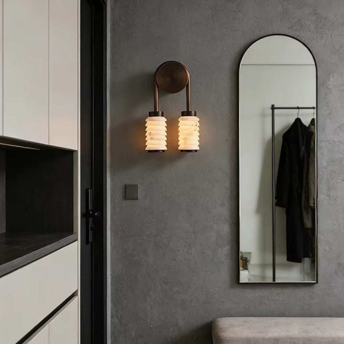 Wall lamp featuring elegant ribbed marble shades and a vintage antique metal frame, designed with a dual-light setup for a stylish and warm ambiance. 3