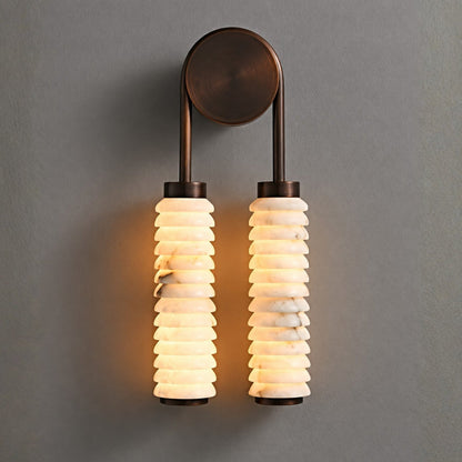 Wall lamp featuring elegant ribbed marble shades and a vintage antique metal frame, designed with a dual-light setup for a stylish and warm ambiance. 9