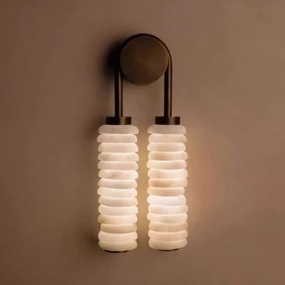 Wall lamp featuring elegant ribbed marble shades and a vintage antique metal frame, designed with a dual-light setup for a stylish and warm ambiance. 1